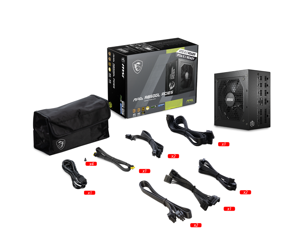 MSI MAG A850GL 850w PCIE 5.1 - ATX 3.1 - Full Modular - 80 Plus Gold Certified Power Supply