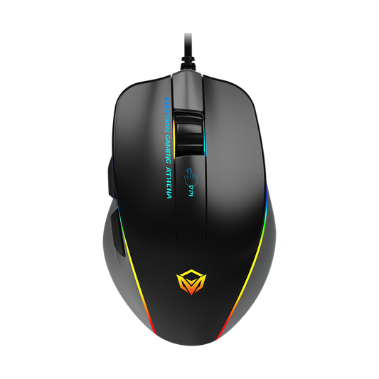 Black wired gaming mouse underside view with RGB bottom border and cable connection