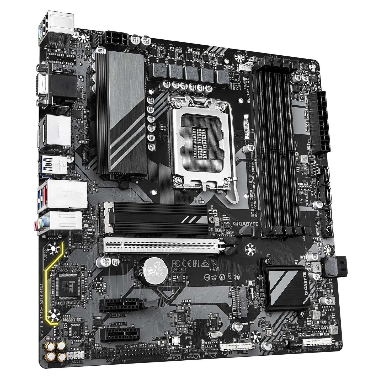 تدعم اللوحة الأم GIGABYTE B760M DS3H GEN5 DDR5 معالجات Intel Core من الجيل الثاني عشر والثالث عشر والرابع عشر مع فتحة PCIe 5.0 x16 وفتحتي PCIe 4.0 M.2