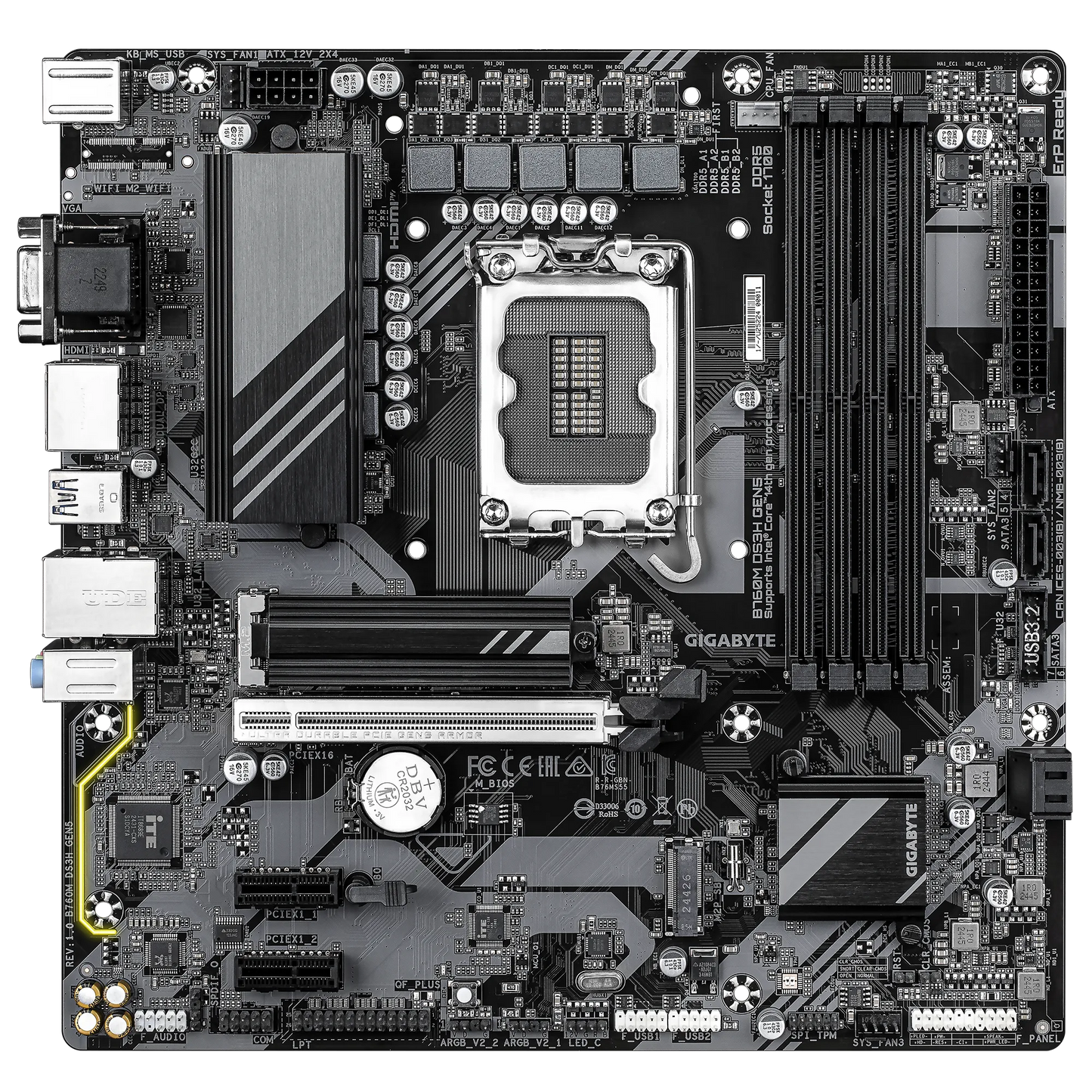 تدعم اللوحة الأم GIGABYTE B760M DS3H GEN5 DDR5 معالجات Intel Core من الجيل الثاني عشر والثالث عشر والرابع عشر مع فتحة PCIe 5.0 x16 وفتحتي PCIe 4.0 M.2