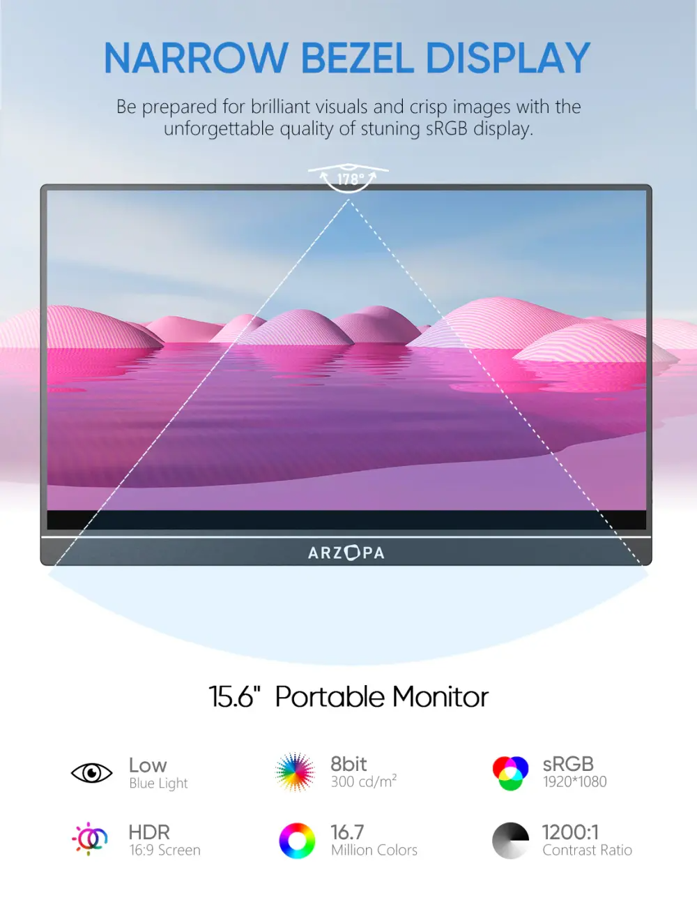 Arzopa A1T 15.6″ FHD 60Hz Portable Touch Monitor – IPS 178° Viewing, Mini‑HDMI + Dual USB‑C, 300 nits Brightness, Built‑in Kickstand & Speakers