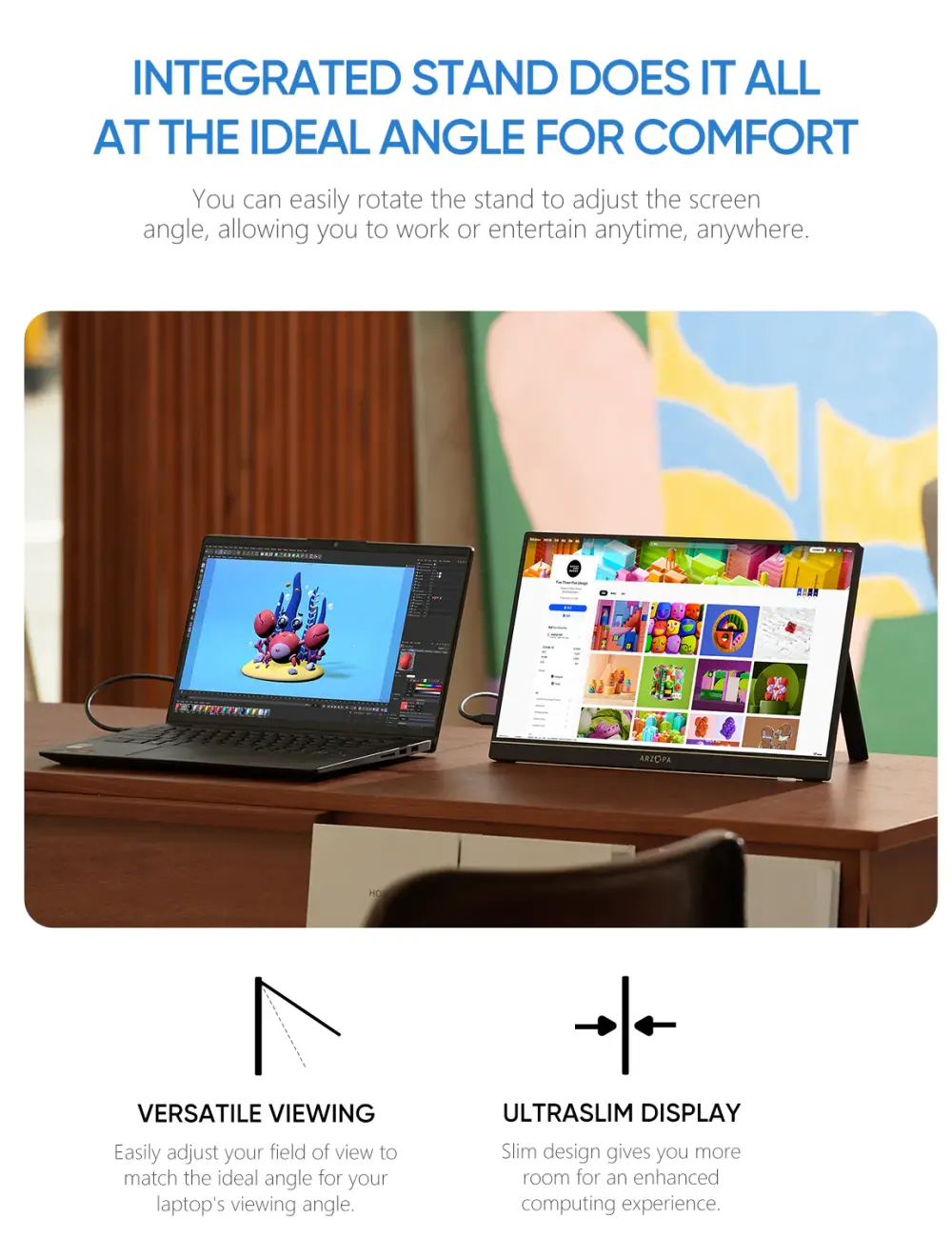 Arzopa A1T 15.6″ FHD 60Hz Portable Touch Monitor – IPS 178° Viewing, Mini‑HDMI + Dual USB‑C, 300 nits Brightness, Built‑in Kickstand & Speakers