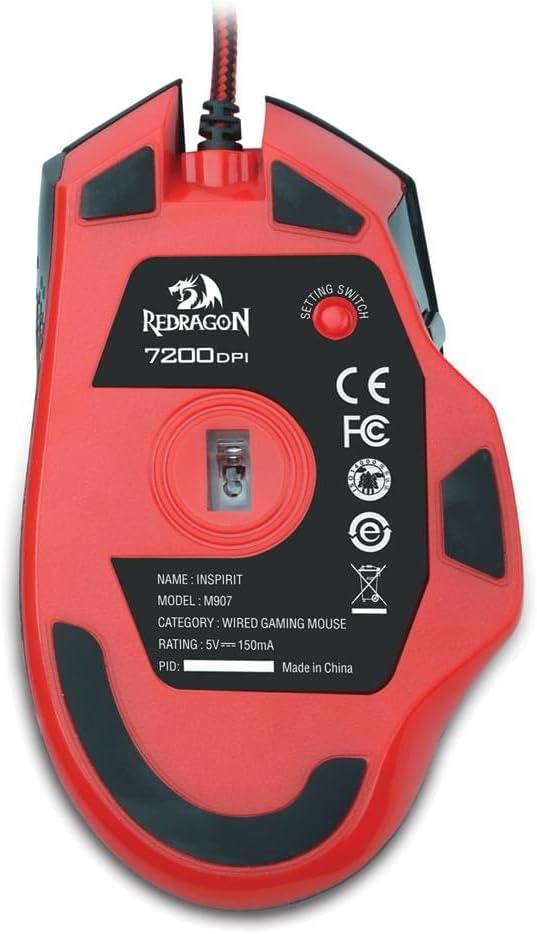 Red and black gaming mouse with side buttons, logo, and model markings