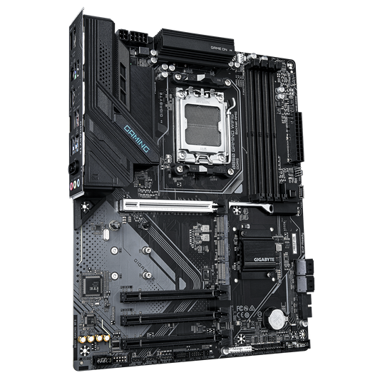 Gigabyte AM5 motherboard angled view with textured black heatsinks and M.2 area