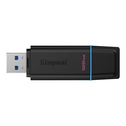 Kingston 128GB USB flash drive with exposed USB-A connector and blue accent