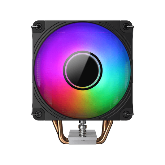 Black CPU cooler with square RGB fan showing multicolor rainbow glow