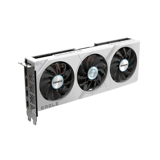 Gigabyte graphics card with three fans on a white background