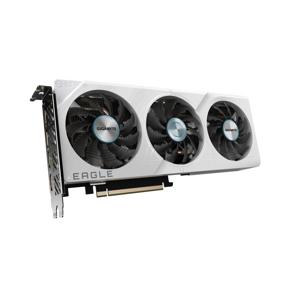 Gigabyte graphics card with three fans on a white background
