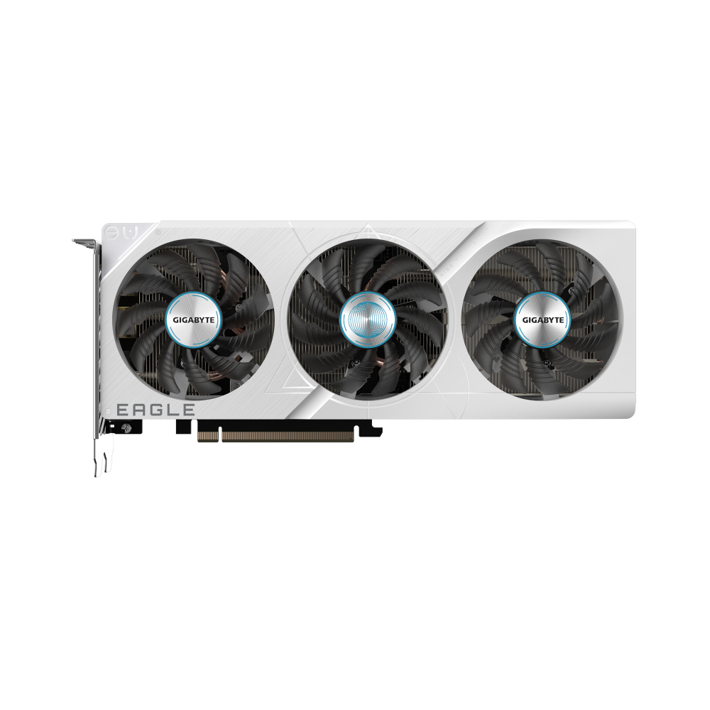 Gigabyte graphics card with three fans on a white background