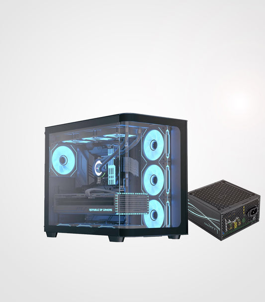 علبة Aerocool P500C سوداء بأربع مراوح ARGB متوسطة الحجم مصنوعة من الزجاج المقسّى مع وحدة تزويد الطاقة LUXPRO 750 واط 80+ برونزي ATX3.0 وPCIe 5.0