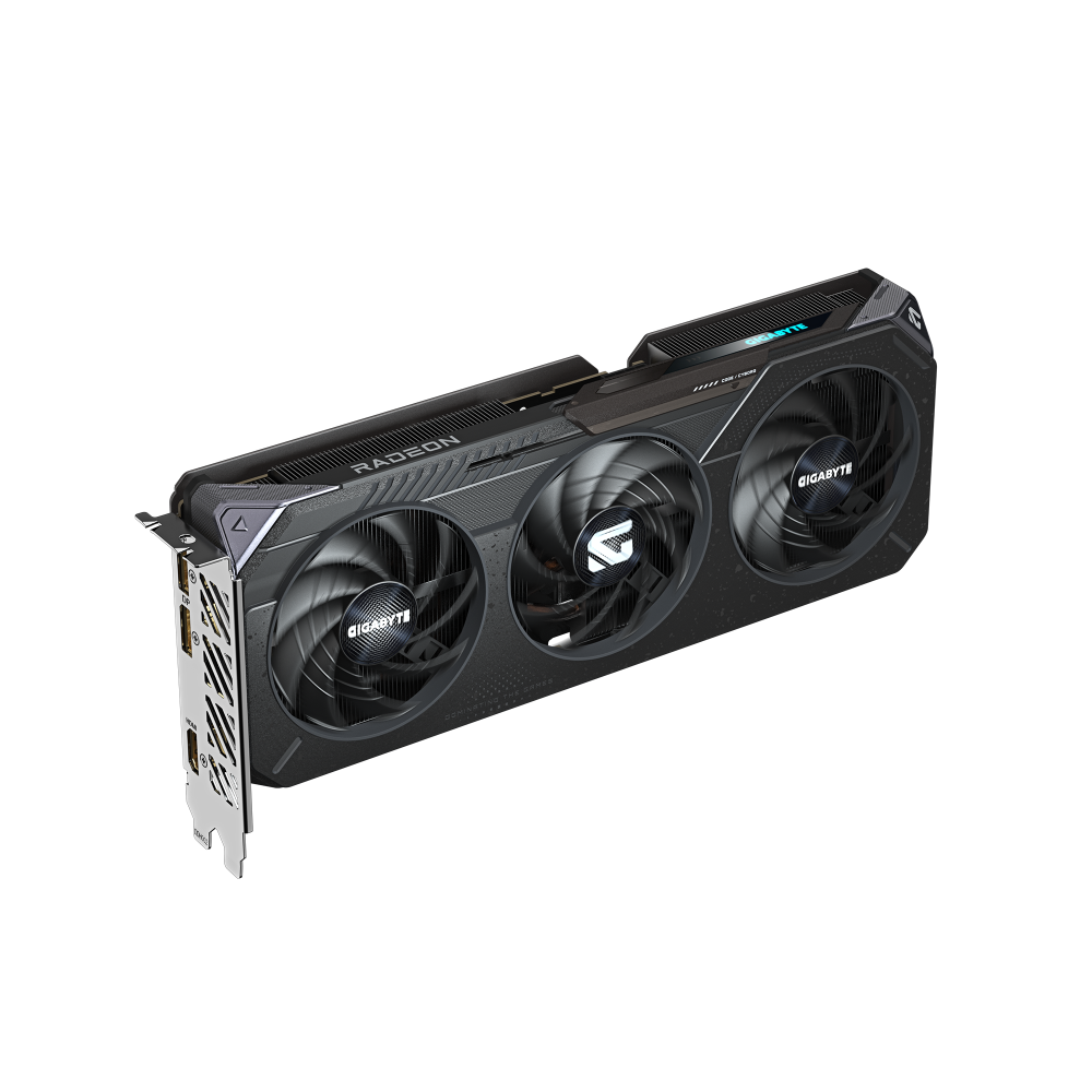 Gigabyte graphics card with three fans on a white background
