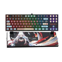 A mechanical gaming keyboard with RGB backlighting and a matching wrist rest featuring anime artwork of a white-haired character, shown on a plain white background.