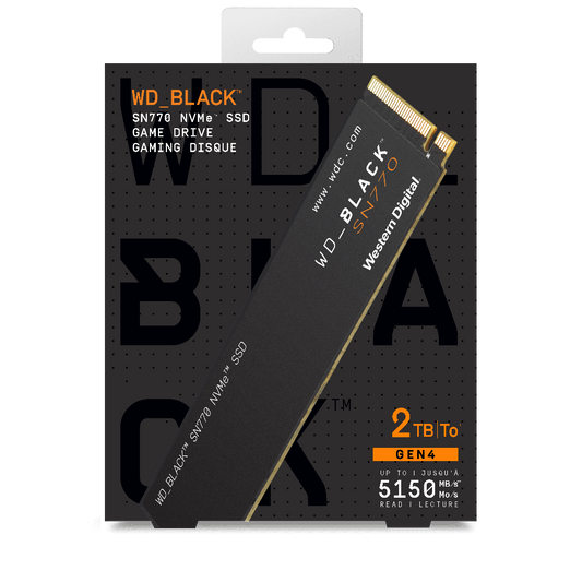 WD Black SN770 NVMe SSD packaging on a white background