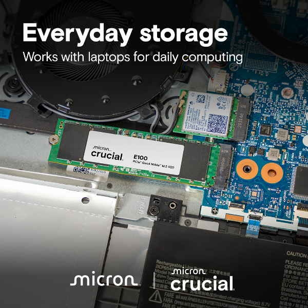 Close-up of computer hardware with Micron Crucial branding on a laptop.