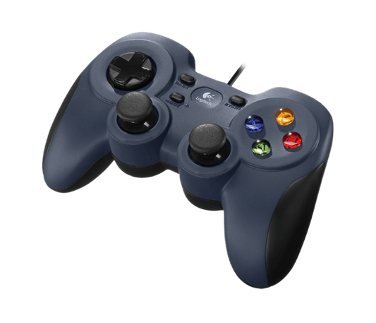 Blue wired gamepad with four colorful face buttons and two thumbsticks