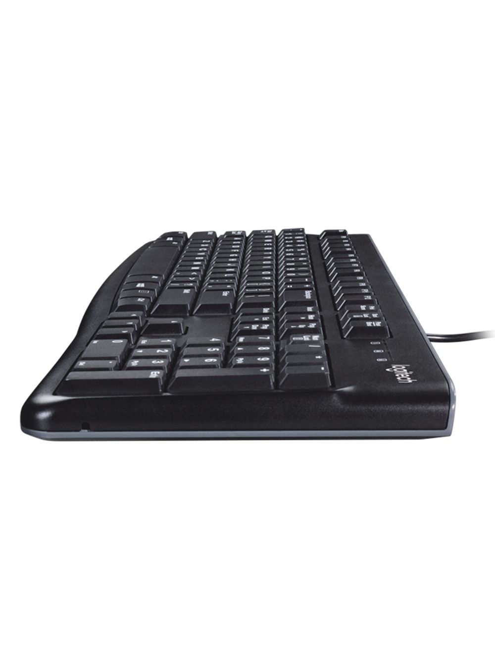 Black wired computer keyboard with sculpted keys and integrated palm rest