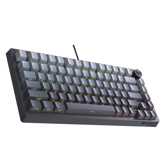 Three-quarter view of compact mechanical keyboard with gray ABS keycaps