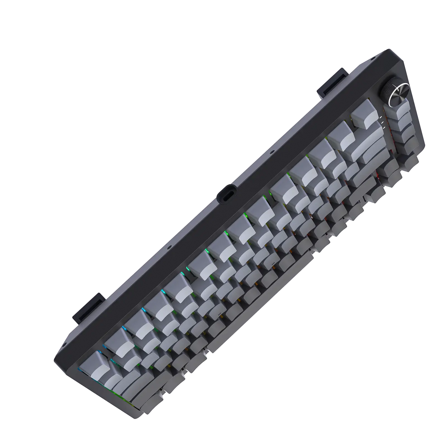 Compact mechanical keyboard angled with gray keycaps and sculpted rows