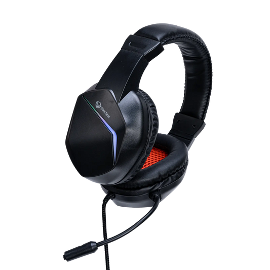 Meetion HP022 backlit gaming headphones, black with red-lit ear pad and blue side light