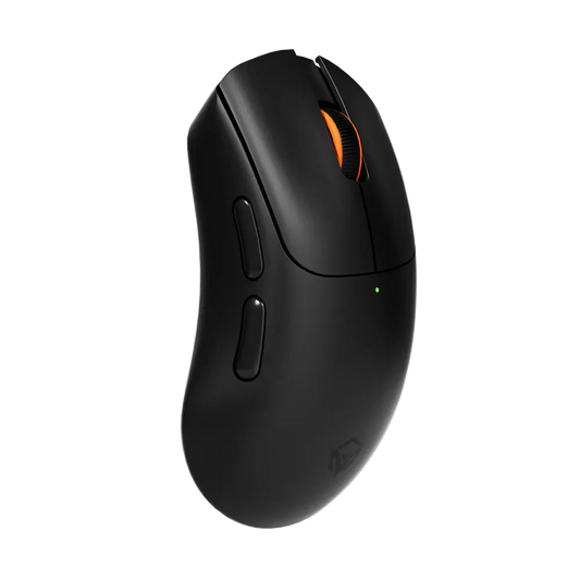 A black wireless gaming mouse with an orange scroll wheel accent and a small green LED indicator light, shown from a three-quarters angle on a solid white background.