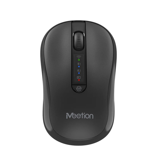 Ergonomic wireless mouse with matte dark body, illuminated DPI panel on top.