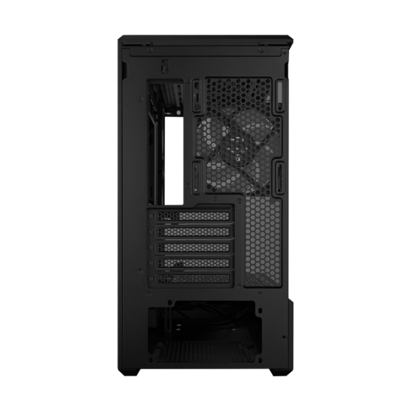 Black mini mid-tower gaming case with vented front panel and open interior layout