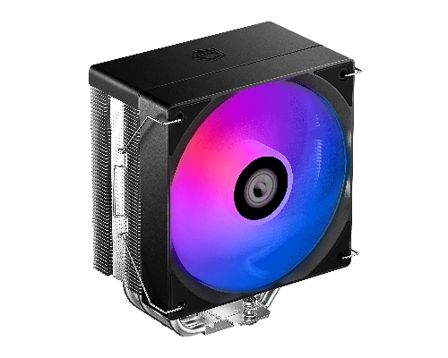 Computer cooling system with a colorful RGB fan on a white background