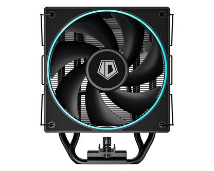 Black ID-COOLING CPU cooler fan with blue LED ring and four corner mounts