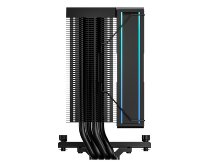 Black CPU air cooler heatsink with dense fins and two visible heatpipes