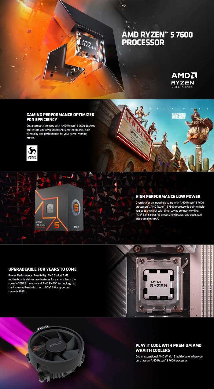 AMD RYZEN 5 7600 mpk 6 cores 12 threads 3.8 GHz base clock up to 5.1 GHz boost 32MB L3 cache 65W TDP AM5 PCIe 5.0