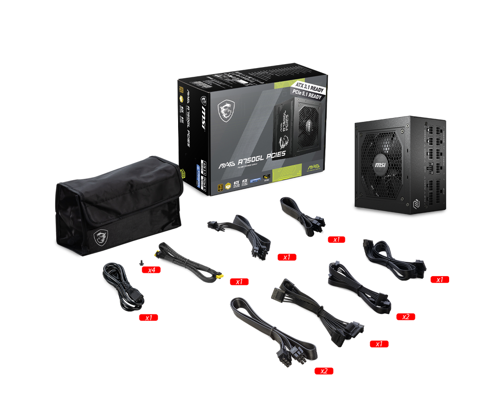 MSI MAG A750GL 750w 80 Plus Gold PCIE 5.1 ATX 3.1 - مزود طاقة معتمد كامل الوحدات