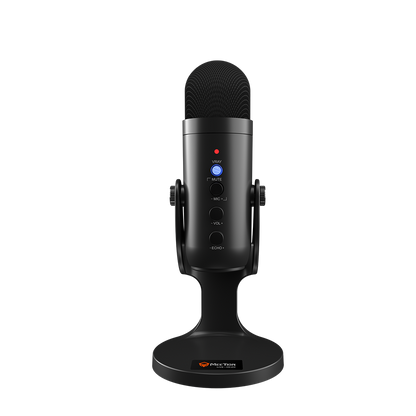 Black wired gaming microphone front panel with indicator lights, on base