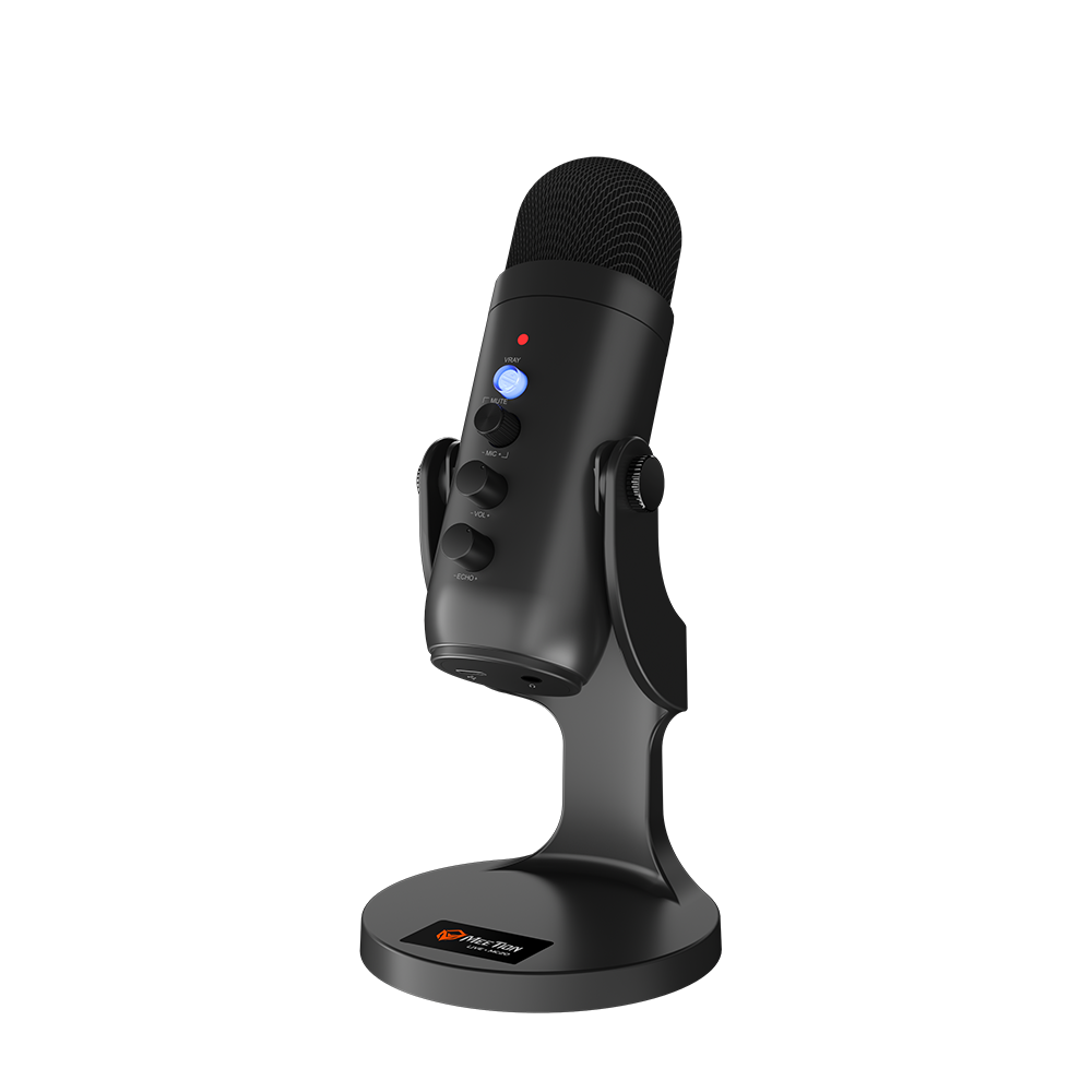 Black wired gaming microphone side controls with blue LED, on desk stand