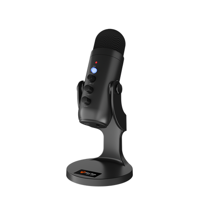 Black wired gaming microphone side controls with blue LED, on desk stand