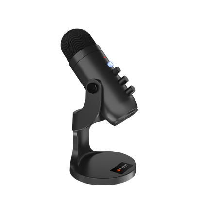 Black wired gaming microphone with blue indicator light, on desk stand