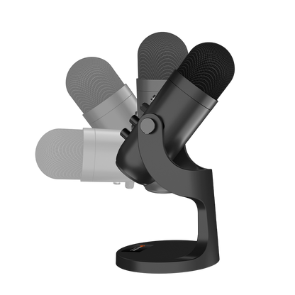 Black wired gaming microphone with multiple foam grilles, on desk stand