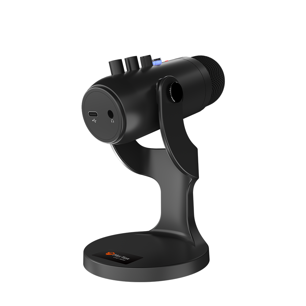 Black wired gaming microphone with rear ports and stand base, angled view