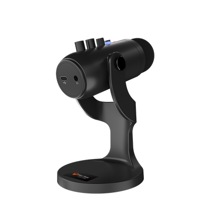 Black wired gaming microphone with rear ports and stand base, angled view