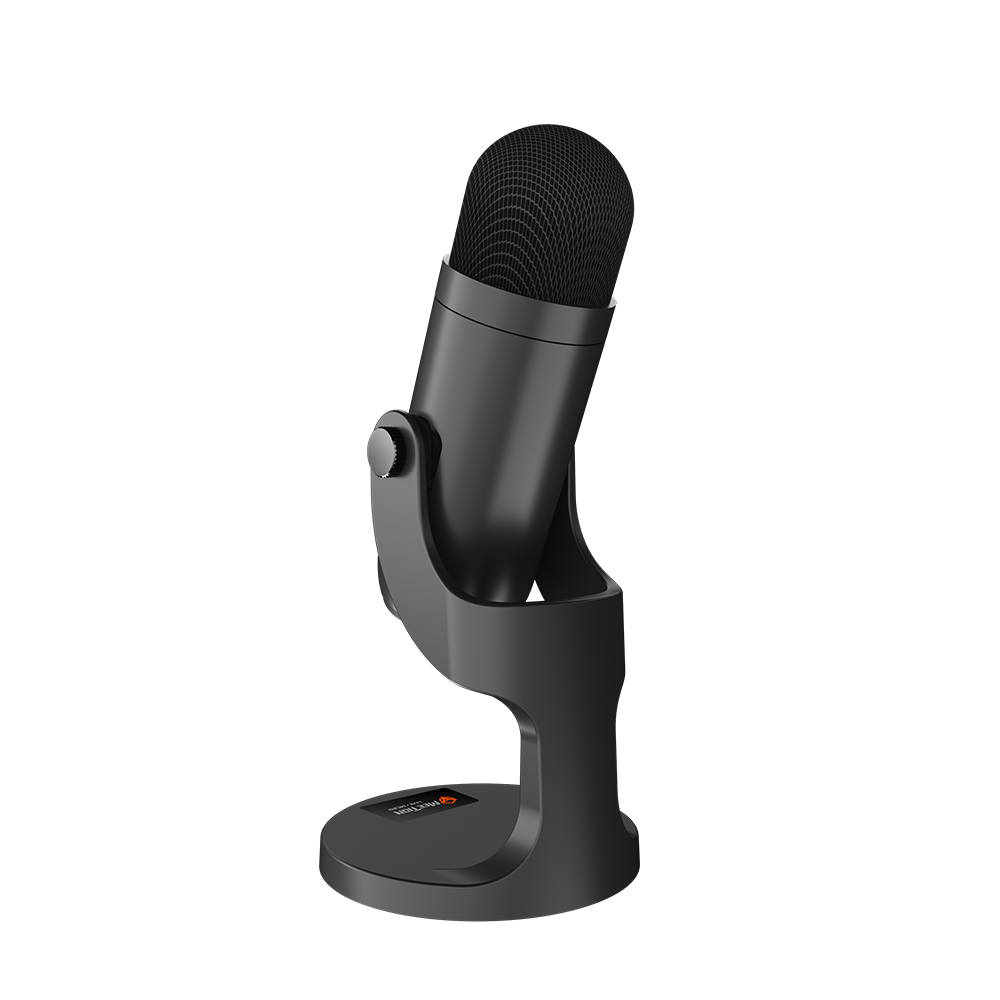 Black wired gaming microphone with foam grille, angled view on desktop stand