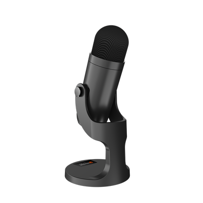 Black wired gaming microphone with foam grille, angled view on desktop stand