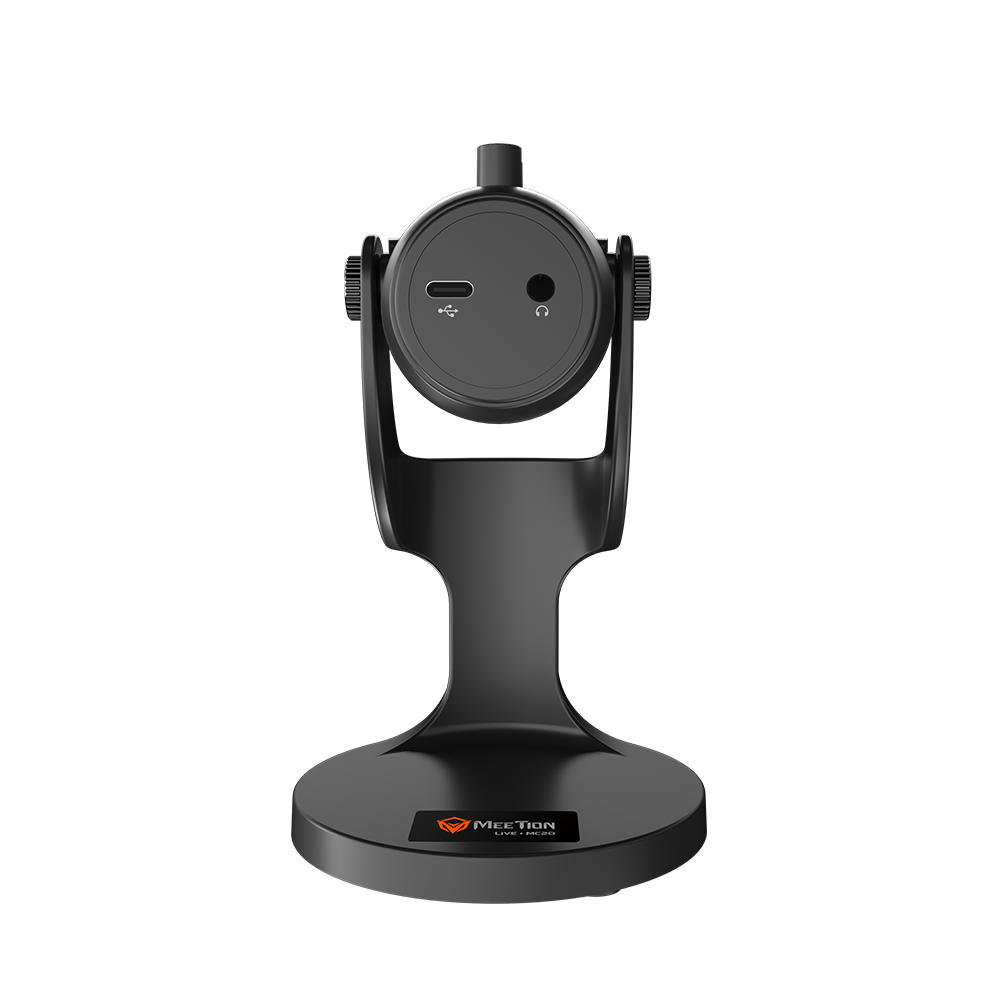 Black conference gaming microphone with round rear port panel, on stand