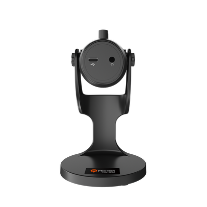 Black conference gaming microphone with round rear port panel, on stand