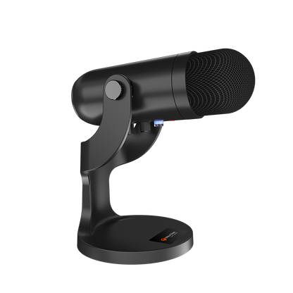 Black wired gaming microphone with foam grille, desk stand and base controls