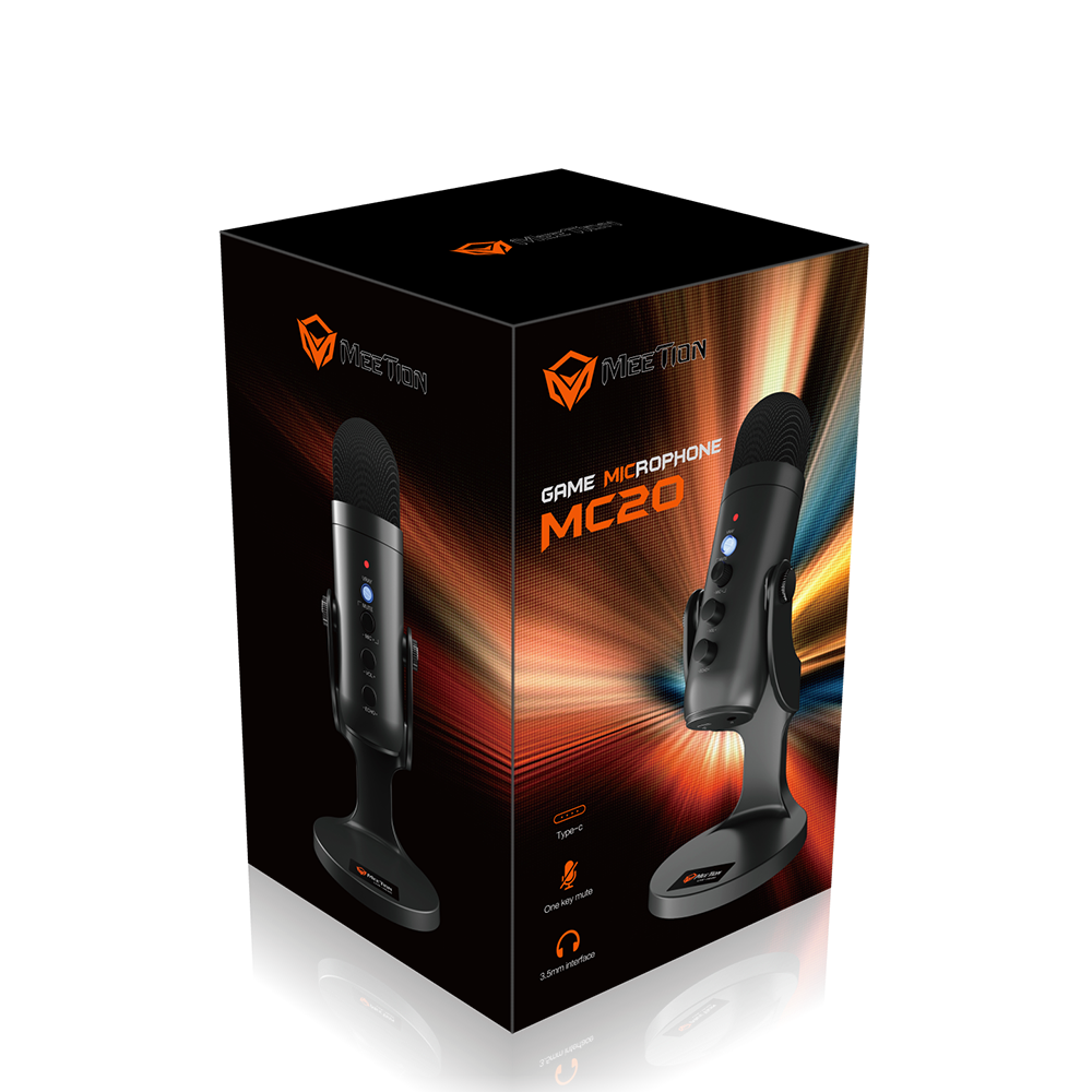Gaming wired conference microphone on desk stand, black with orange accents