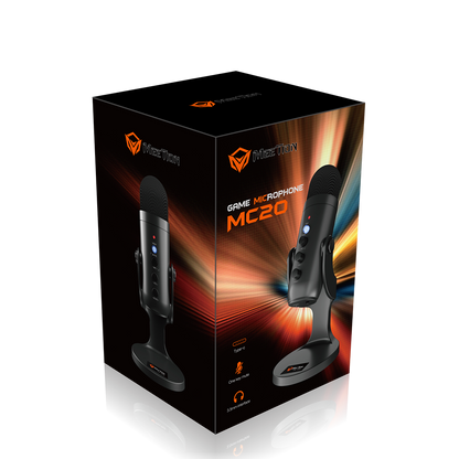 Gaming wired conference microphone on desk stand, black with orange accents