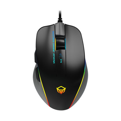 Black wired gaming mouse underside view with RGB bottom border and cable connection