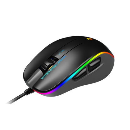 Black wired gaming mouse angled back view with RGB-lit side vents and scroll wheel area