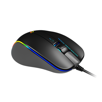 Black wired gaming mouse top view with RGB-lit scroll area and rainbow edge trim