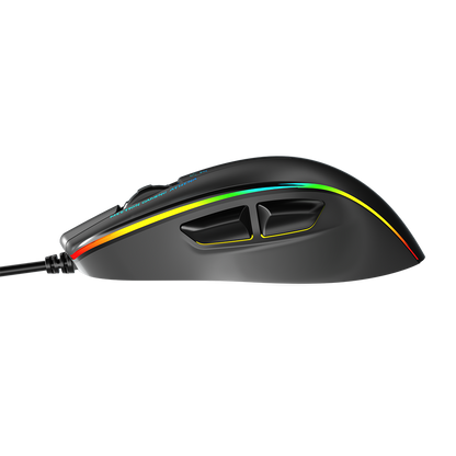 Black wired gaming mouse side profile with RGB accent ring and two indented side buttons