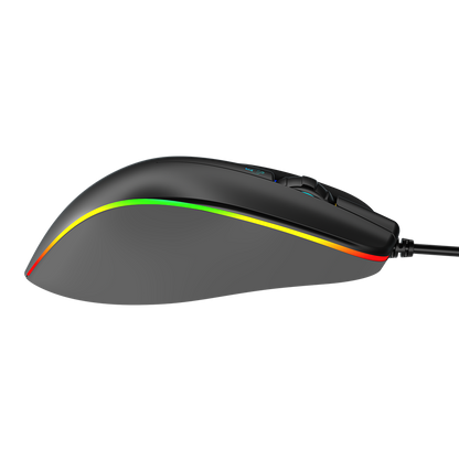 Black wired gaming mouse with RGB backlit edge, triangular scroll, and attached cable